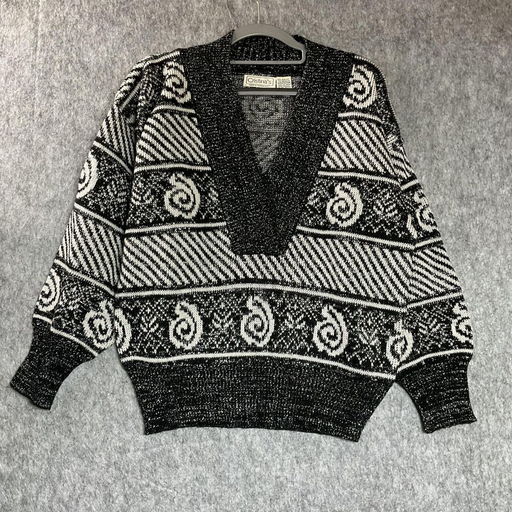 Vintage Sweater Womens Small Black White Metallic Deep V Dolman 80s Retro Boho